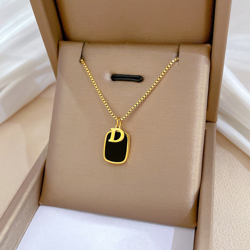 Minimalist Geometric Titanium Steel D-Shape Pendant Necklace for Women and Men with Gold Plating Locket Chain
