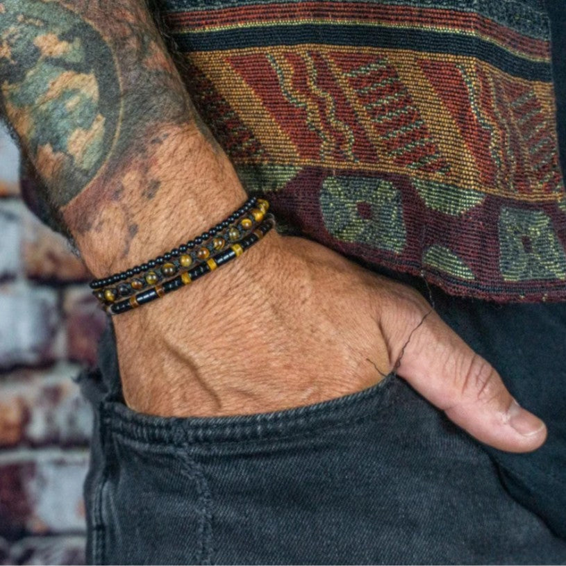 Handmade Geometric Tiger's Eye and Black Agate Braided Bracelet for Men and Women