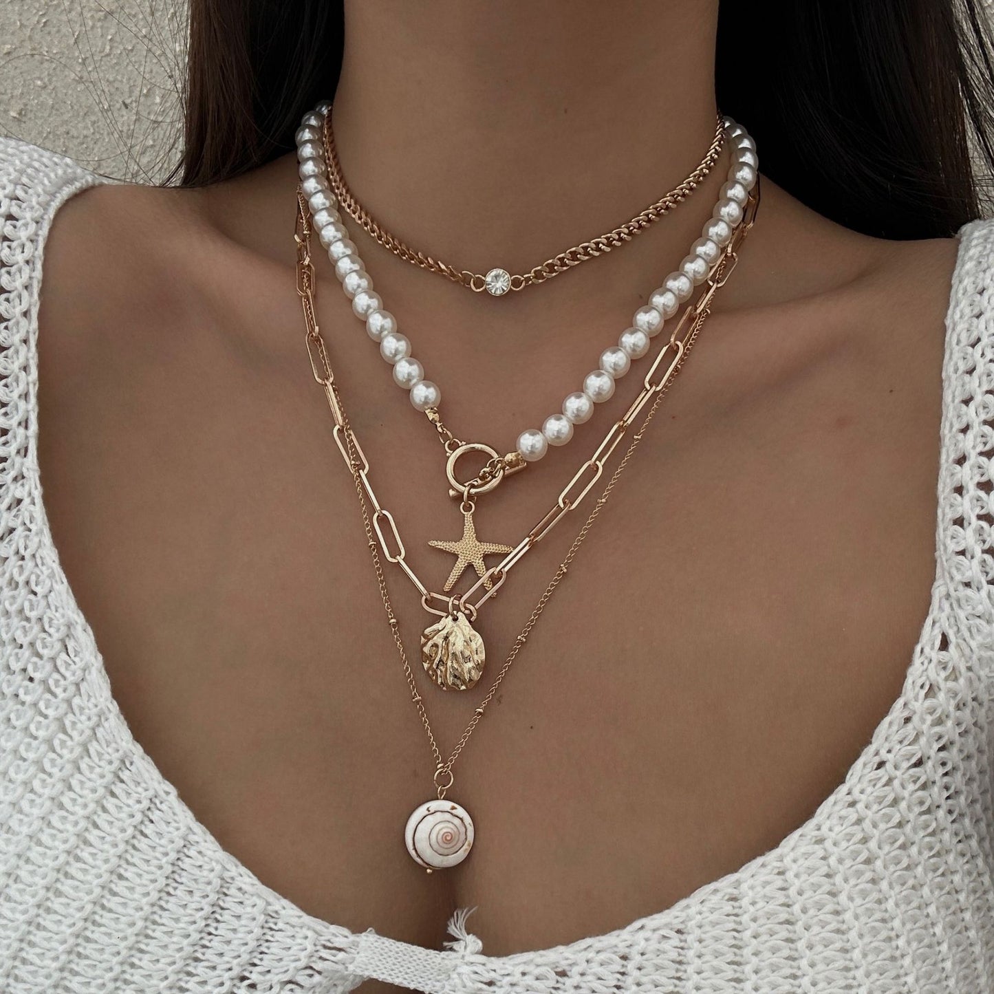 Vintage Starfish Shell Beaded Necklace with Faux Pearls for Women