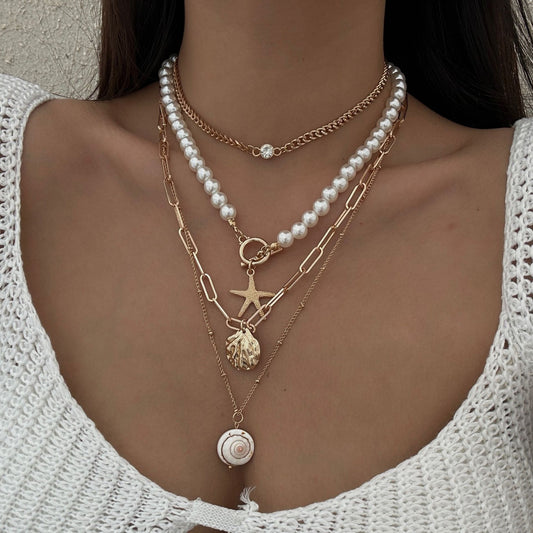 Vintage Starfish Shell Beaded Necklace with Faux Pearls for Women