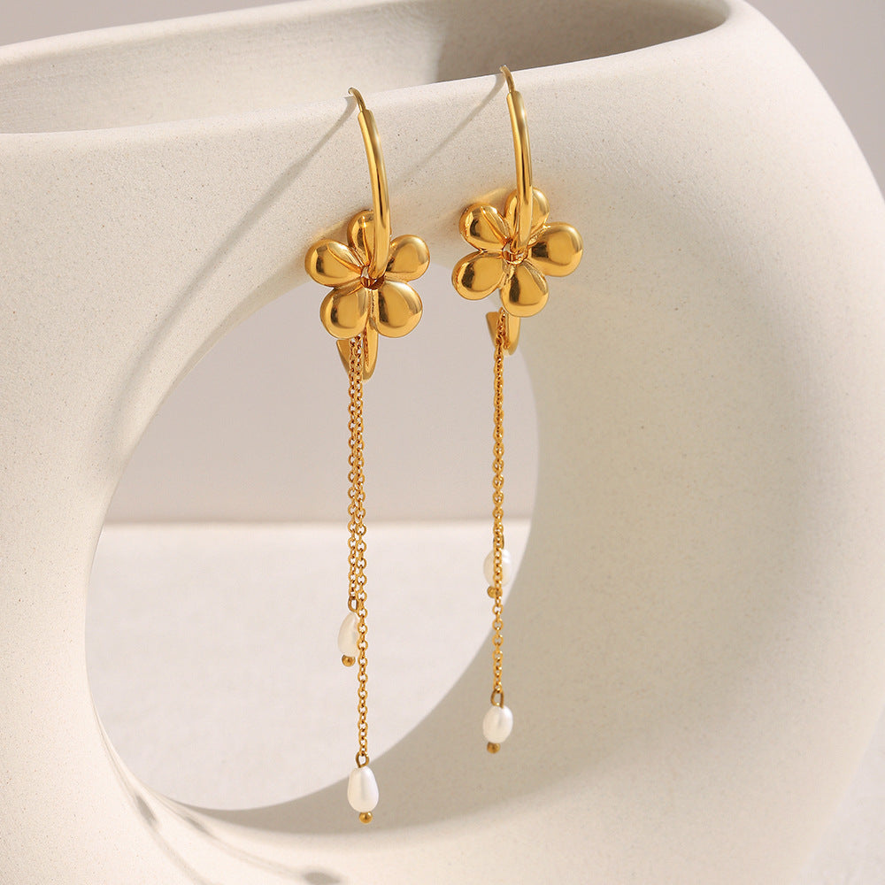 Minimalist Floral Stainless Steel Earrings with 18K Gold Plating, Pearl and Tassel Accents for Women