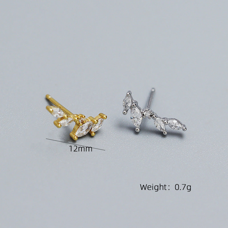 Sweet 925 Sterling Silver Geometric Leaf Olive Branch Cubic Zirconia Stud Earrings