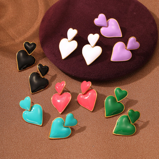 Fashionable Minimalist Heart-Shaped Stainless Steel Enamel Earrings with 18K Vacuum Plating for Women