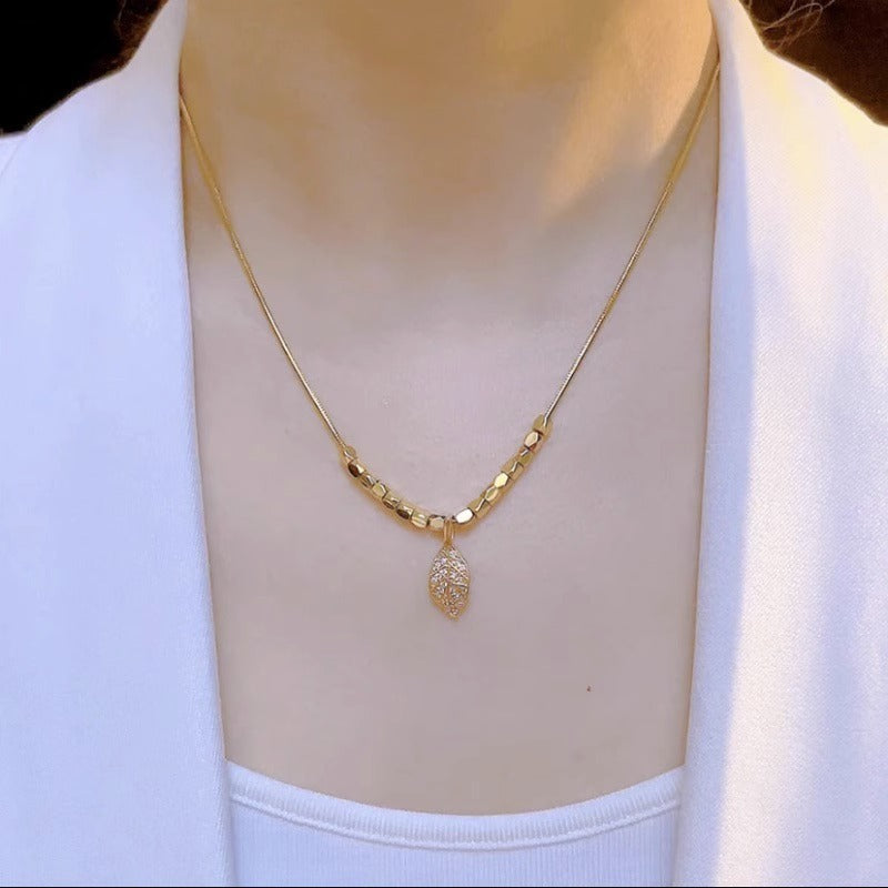 Minimalist Leaf Pendant Necklace in Titanium Steel with Plated Finish for Women, Delicate Clavicle Chain