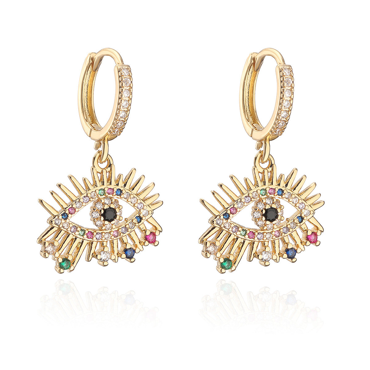 Orecchini minimalisti geometrici con occhio di Allah da donna in rame placcato oro vero con intarsio di zirconi