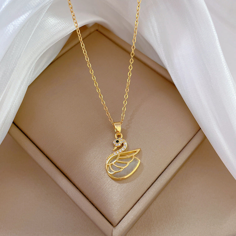 Elegant Swan Pendant Necklace with Cat's Eye Stone on Titanium Steel Chain for Women, Geometric Design, Moon Motif, Minimalist and Fresh Style