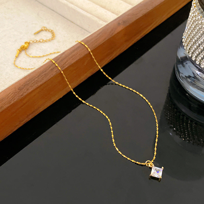 Minimalist Square Geometric Cubic Zirconia Plated Titanium Steel Necklace for Unisex