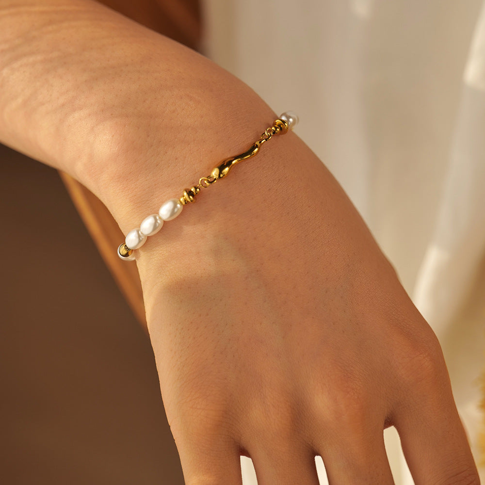 Bracciale da donna vintage con perle intarsiate in acciaio inossidabile placcato oro 18 carati a forma di goccia geometrica