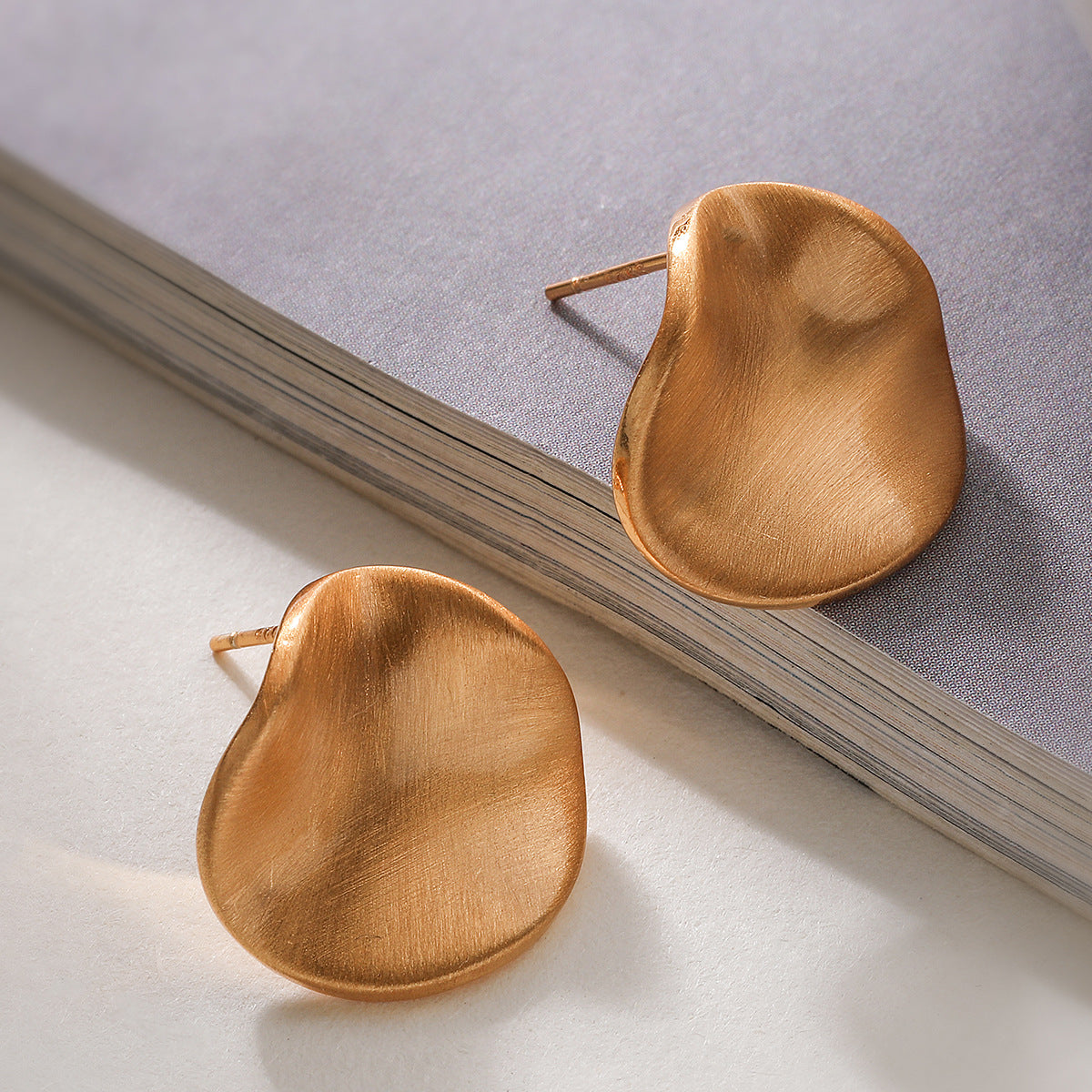 Irregular Geometric Matte Brushed Gold Plated Brass Stud Earrings for Women