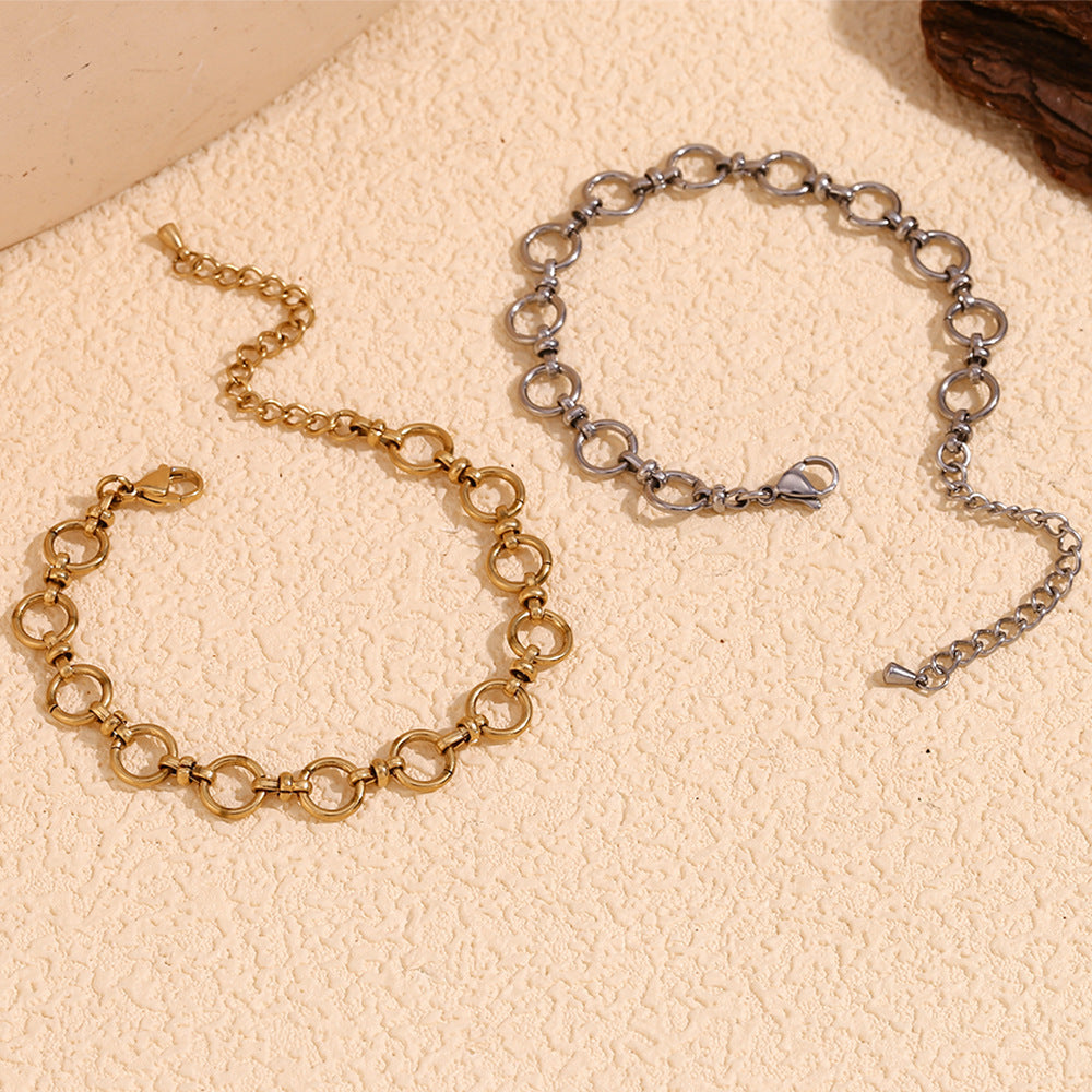 Minimalist Geometric Stainless Steel Plated 14K Gold Round Link Cross Clasp Bracelet for Women