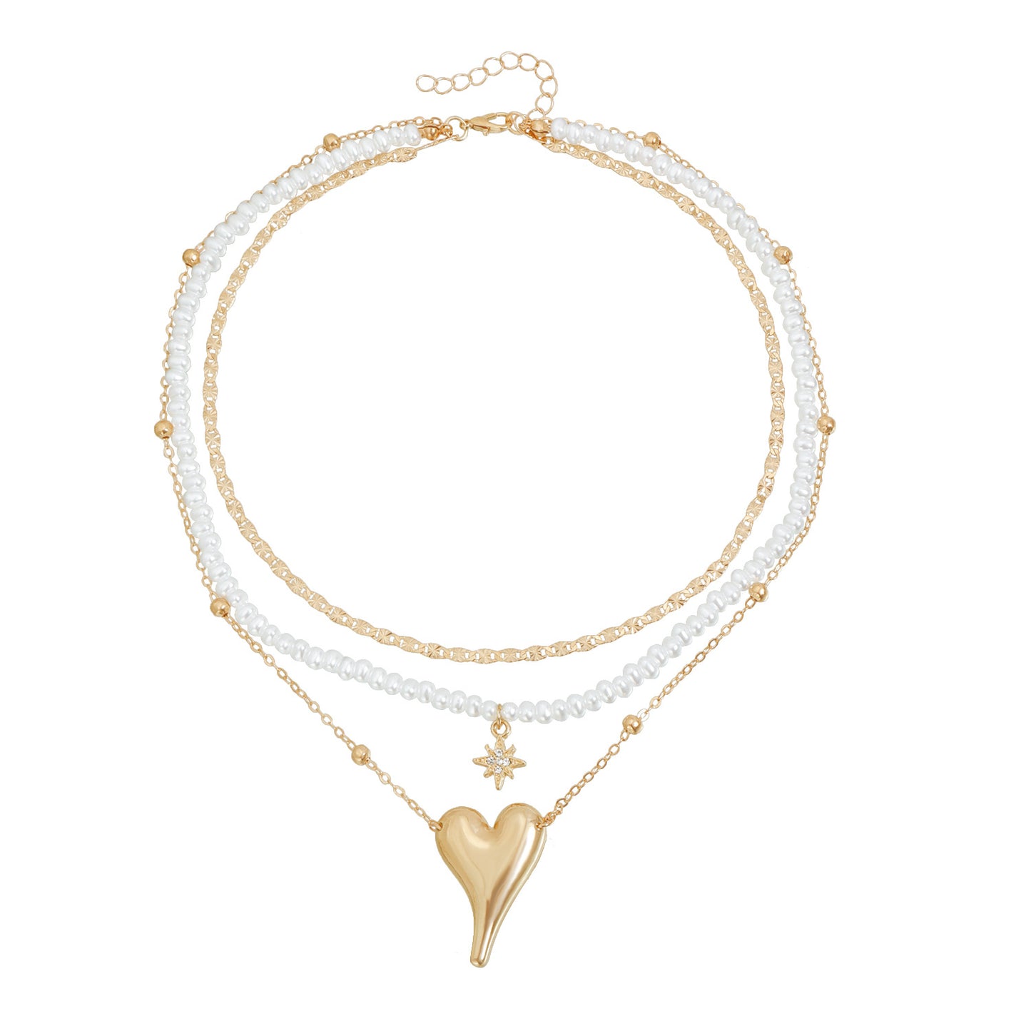 Elegant Geometric Heart Star Alloy Necklace with Imitation Pearl Plated Finish Layered Cable Chain for Women
