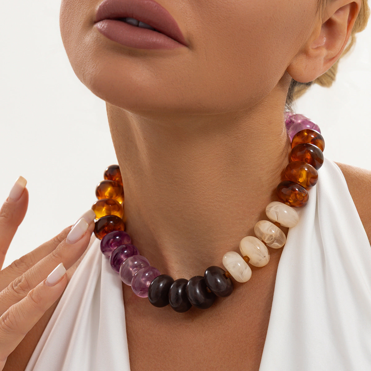 Bohemian Vintage Geometric Gradient Resin Beaded Necklace for Women