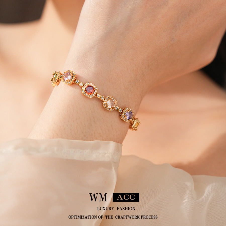 Vintage Square Geometric Brass Bracelet with Cubic Zirconia Inlay for Women