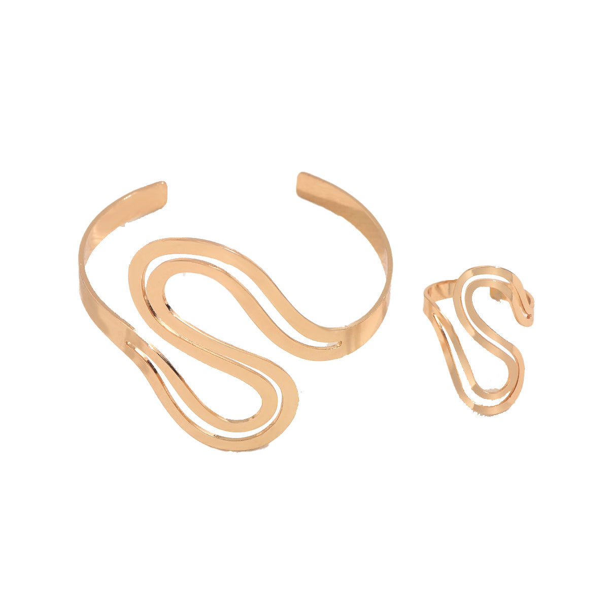Set de Brazalete Abierto Ajustable y Anillo Geométricos para Mujer con Diseño Calado, Pulsera y Anillos de Aleación Galvanizada