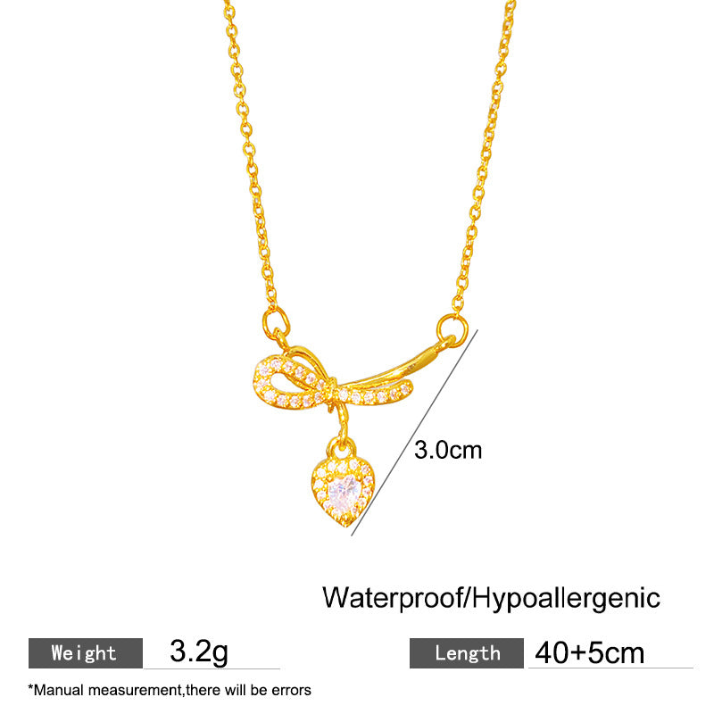 Sweet Minimalist Heart Bow Titanium Steel Plated Necklace with Brass Pendant Cable Chain Unisex