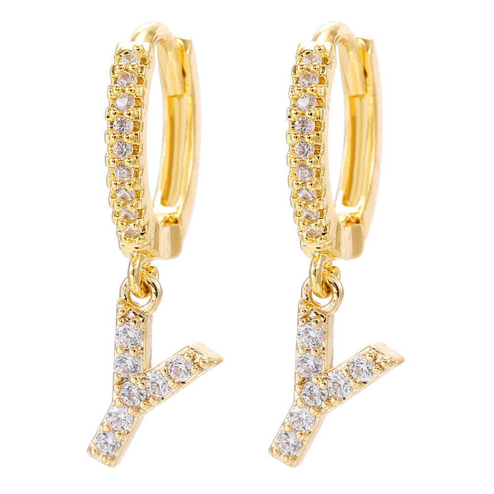 Elegant Gold Plated Letter Cubic Zirconia Inlay Brass Earrings