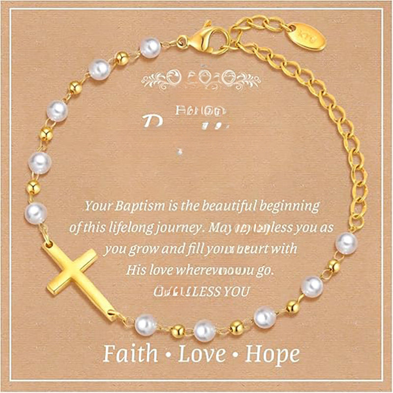 Luxury Elegant Gold Plated Cross Pearl Bracelet for Women