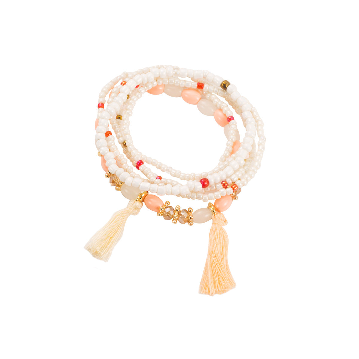 Bracciale con nappine in stile etnico con base in lega e perline fatte a mano da donna