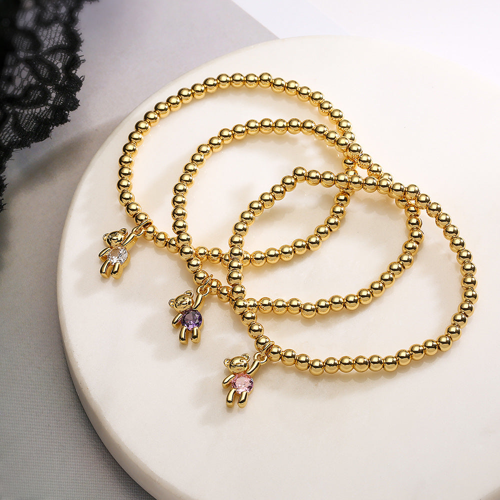 Bracciale in Rame a Forma di Orsetto con Placcatura in Oro e Intarsi in Zirconi per Donna, Accessorio di Moda Geometrico