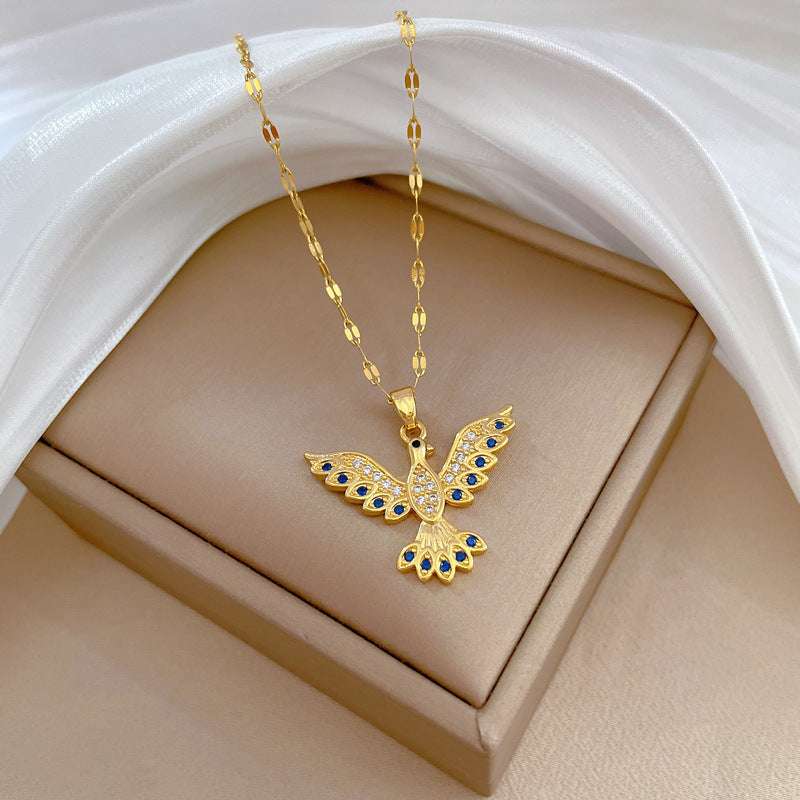 Collana con Ciondolo Fenice Geometrica Minimalista in Acciaio al Titanio con Intarsio di Strass per Donna e Uomo