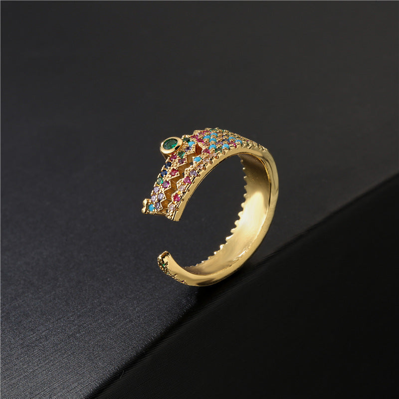 18K Gold Plated Geometric Brass Ring with Micro-Inlaid Cubic Zirconia for Women