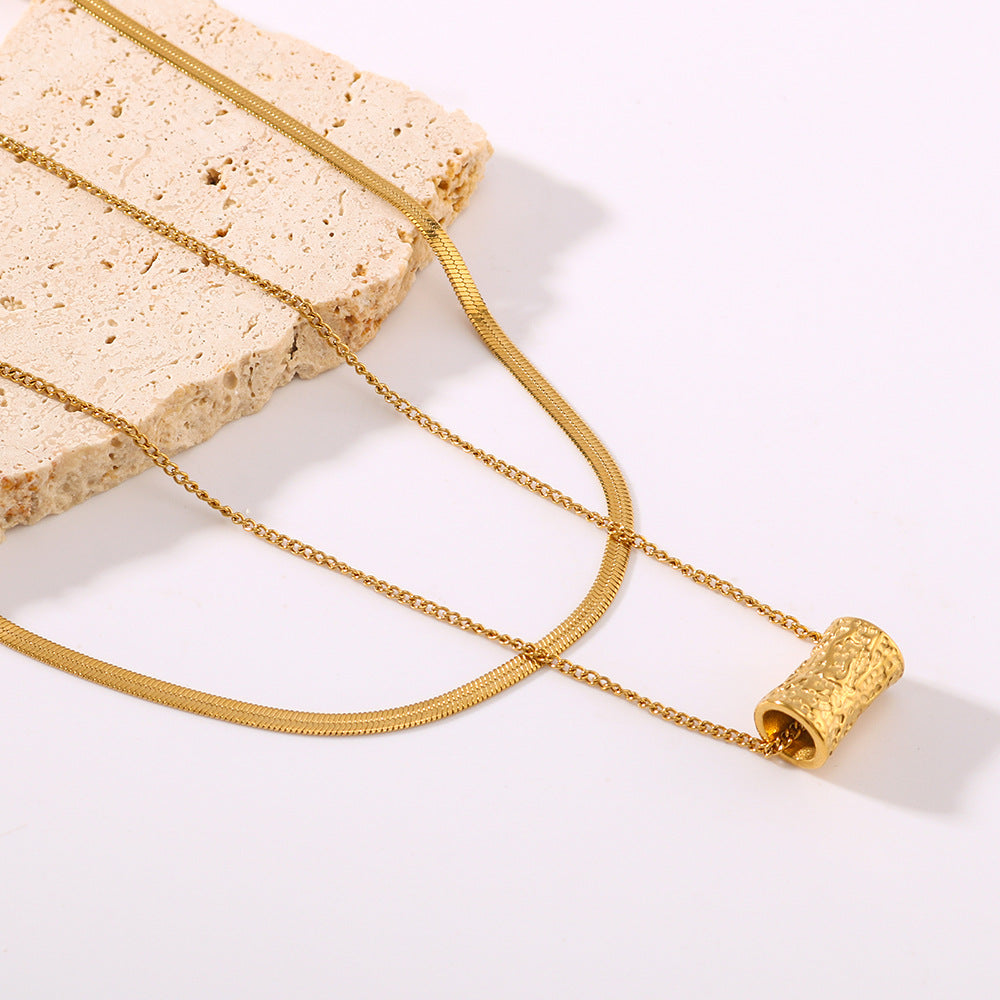 Minimalist Geometric Hollow Cylinder Pendant Necklace in Titanium Steel with 18K Gold Plating on Snake Chain