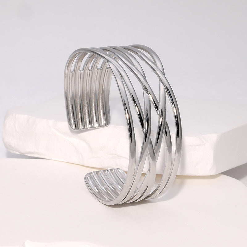 Bracciale Minimalista Geometrico Irregolare in Acciaio Inossidabile Placcato Oro con Linee Pulite