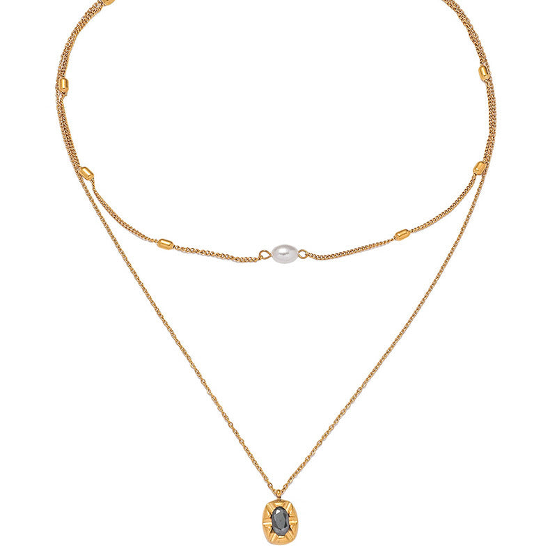 Vintage Elegant Oval Geometric Pearl Gemstone Inlay Stainless Steel Double Layer Necklace