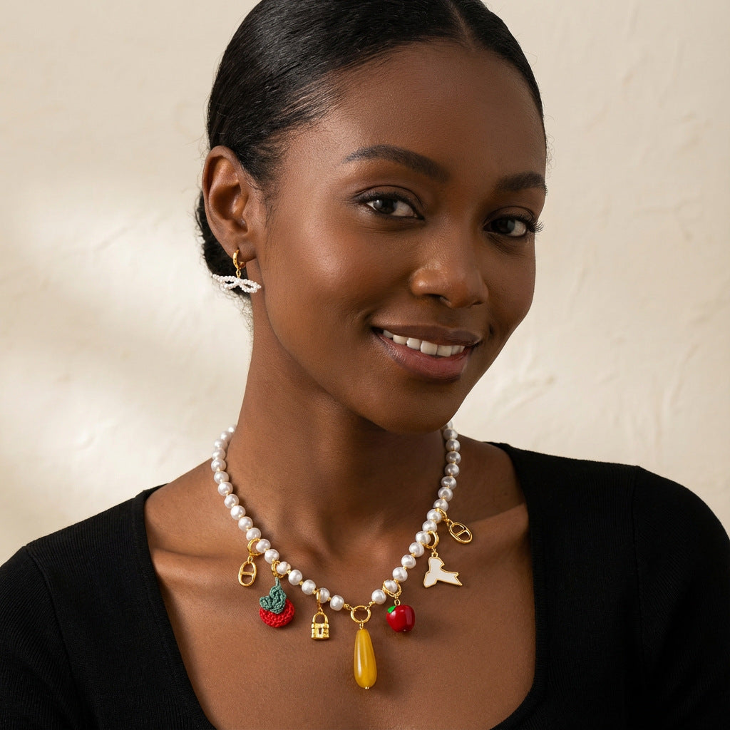 Colorful Fruit Apple Strawberry Pearl Bow Plated Brass Charm Bar