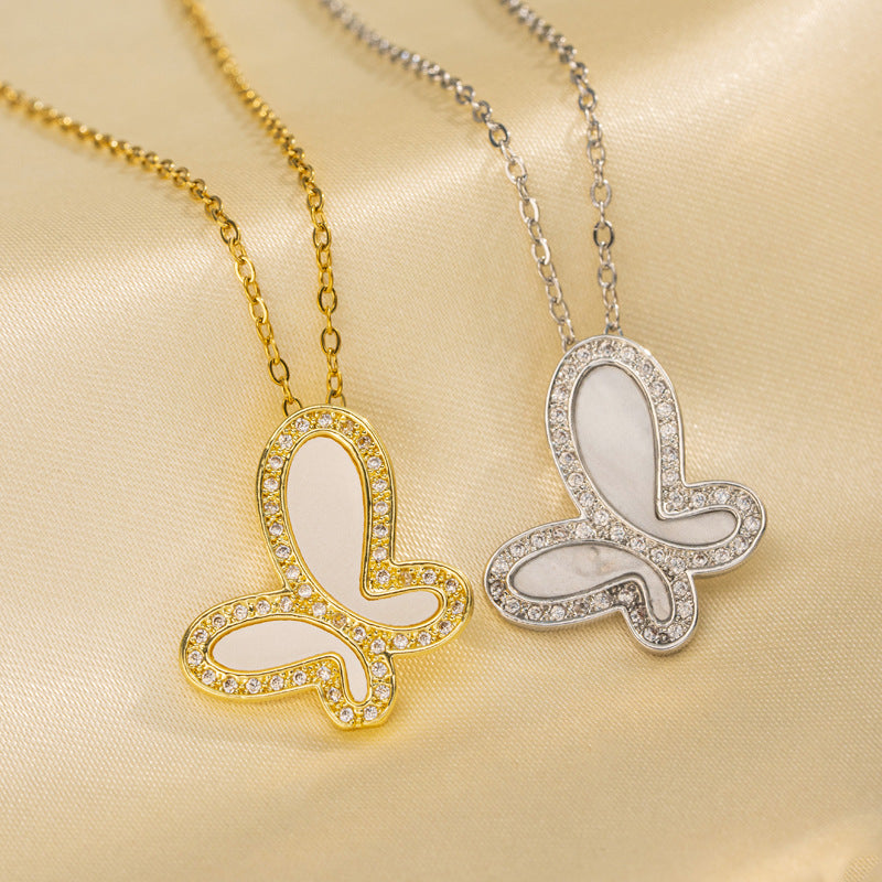 Collana da donna a forma di farfalla in acciaio al titanio con intarsio in madreperla, catena a sfere lucida, gioiello di moda femminile e versatile