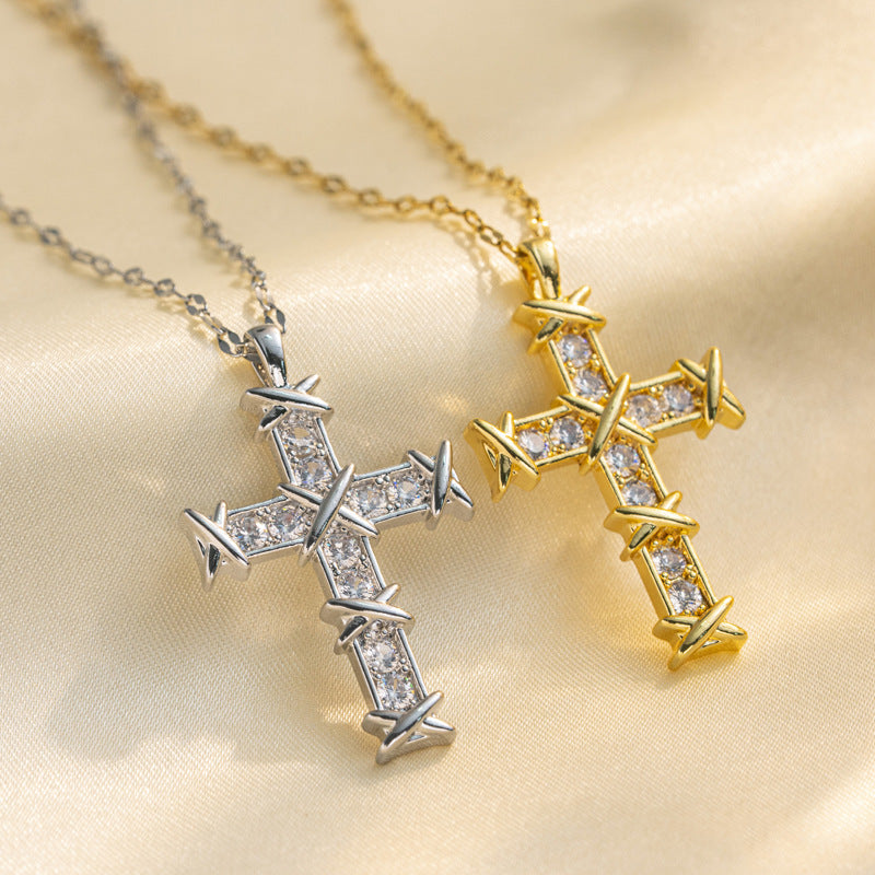 Minimalist Cross Pendant Necklace for Women in Titanium Steel with Vacuum Plating and Water Wave Chain