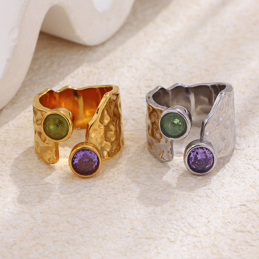 Vintage Minimalist Geometric 18K Gold Plated Stainless Steel Hammered Rhinestone Open Ring for Women