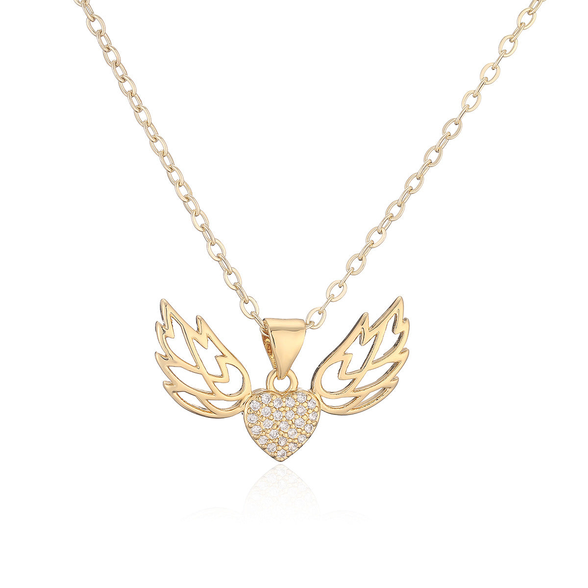 Minimalist 18K Gold Plated Brass Heart Wing Pendant Necklace with Cubic Zirconia for Women