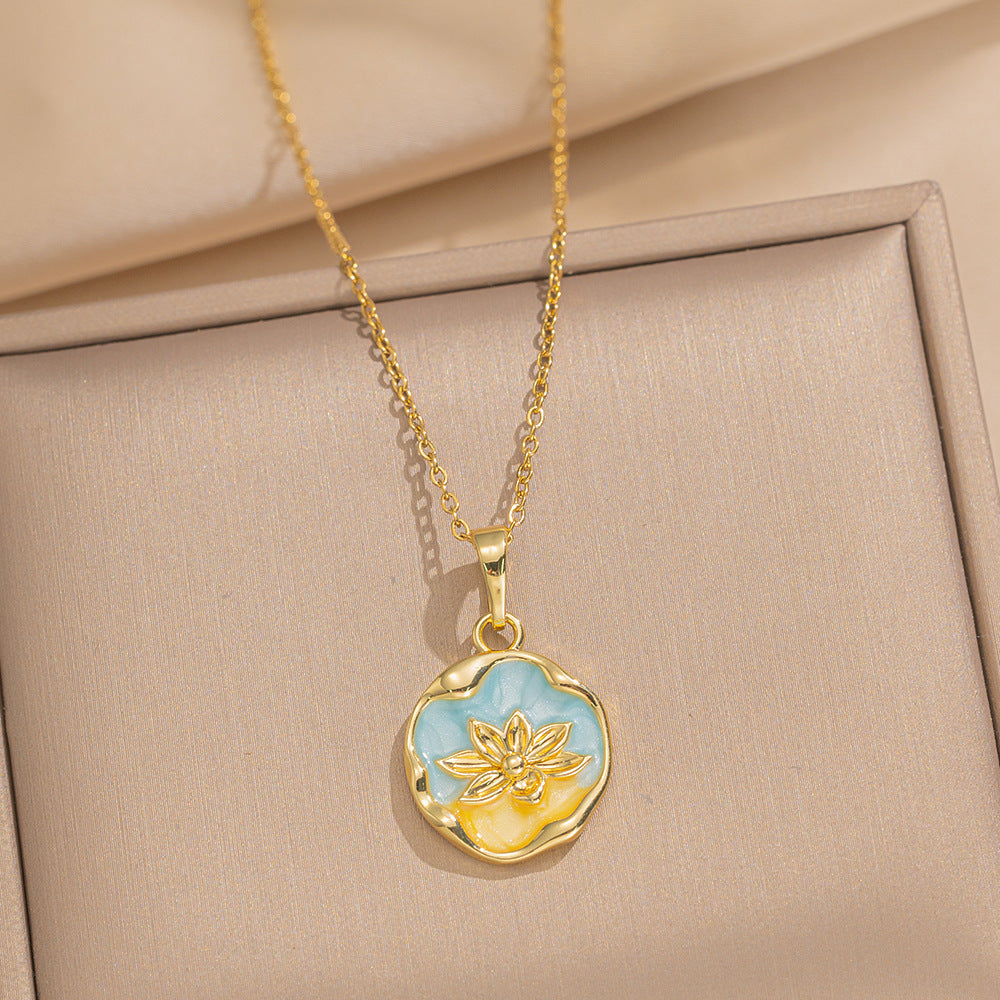 Baroque Style Leaf-Shaped Titanium Steel Necklace with Tulip Floral Motif, Vacuum-Plated for Hypoallergenic Wear, O-Chain Design