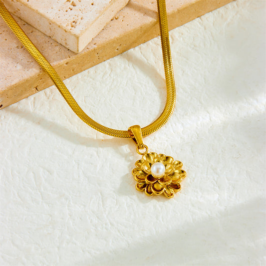 Vintage Minimalist Gold Plated Lotus Flower Pearl Pendant Stainless Steel Necklace for Women