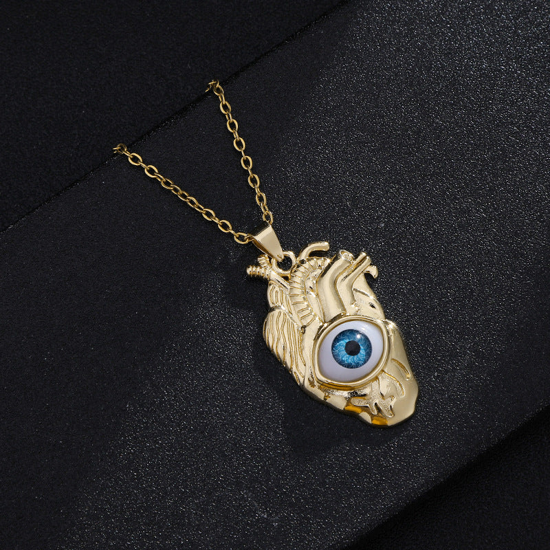 Collar con colgante de ojo turco geométrico vintage para mujer, chapado en cobre con oro real, cadena de serpiente, cadena de suéter ajustable