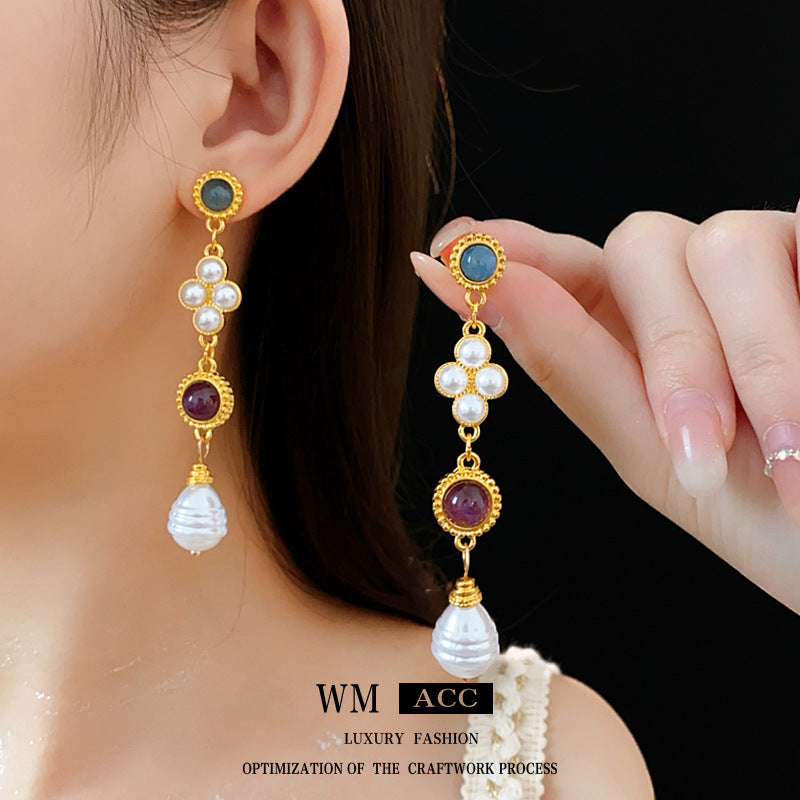 Vintage Style Geometric Pendant Necklace and Tassel Earrings Set with Imitation Pearl Accents and Gold-Plated Alloy Components for Women