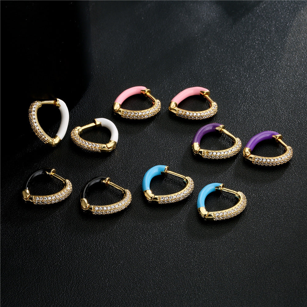Colorful Drip Oil Gold Plated Brass Cubic Zirconia Heart Earrings for Women