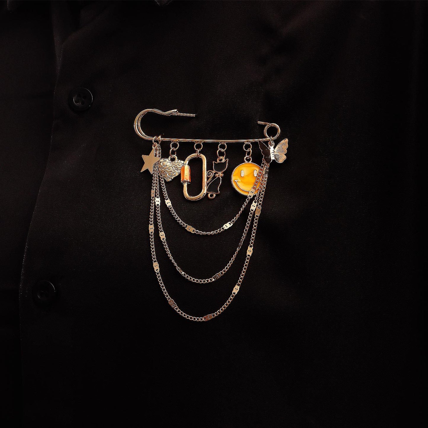 Punk Style Geometric Yellow Smiley Face Tassel Pendant Brooch for Women Made of Alloy with Plated Finish
