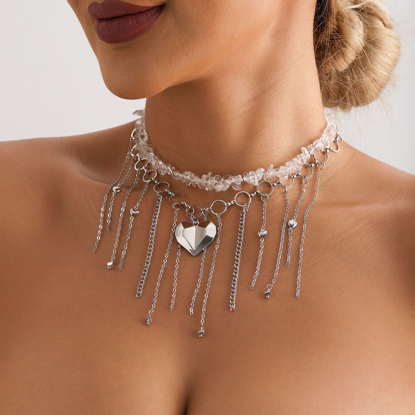 Sweet and Edgy Heart-Shaped Geometric Pendant Necklace in Alloy with Plated Finish for Women