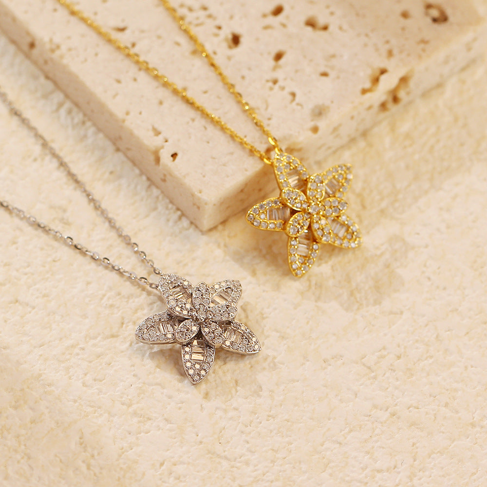 Luxury 925 Sterling Silver Paved Cubic Zirconia Star Pendant Necklace with Cable Chain for Women