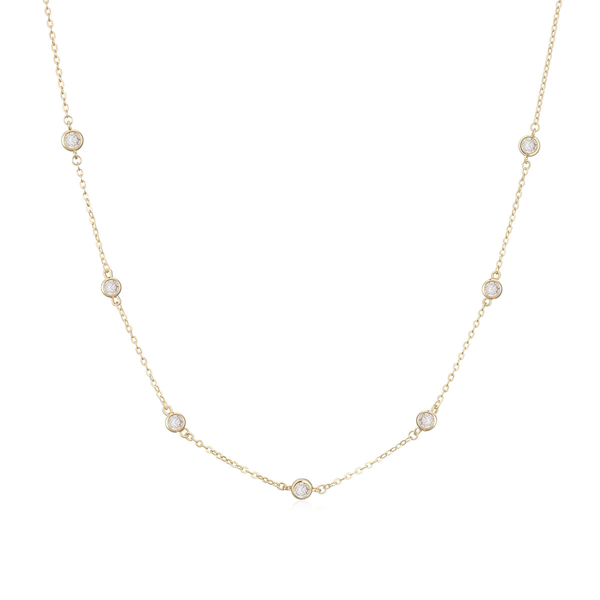 Elegant Minimalist Geometric Brass 18K Gold Plated Necklace with 7 Cubic Zirconia Stones for Women