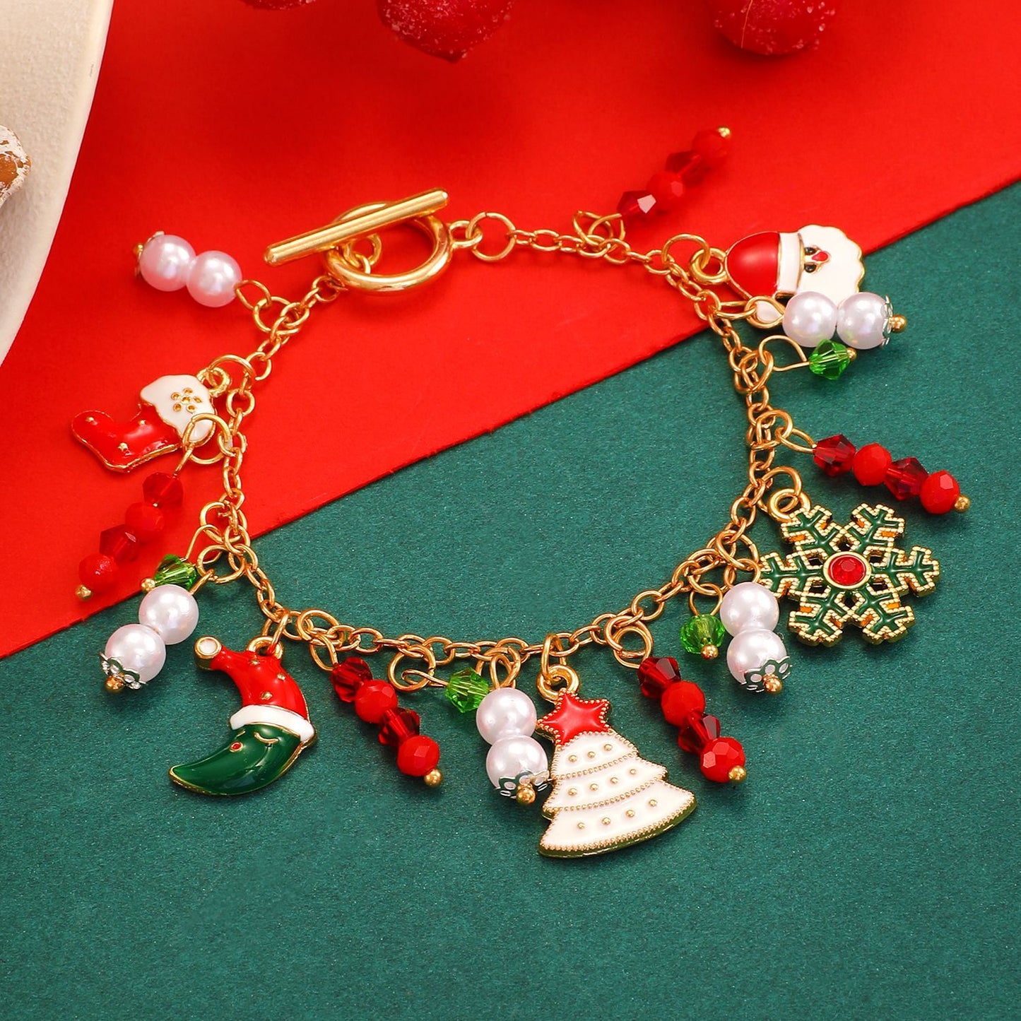 Braccialetto con ciondoli albero di Natale, Babbo Natale, renne e fiocchi di neve, stile neutro, per donna, con base in lega e finitura in smalto