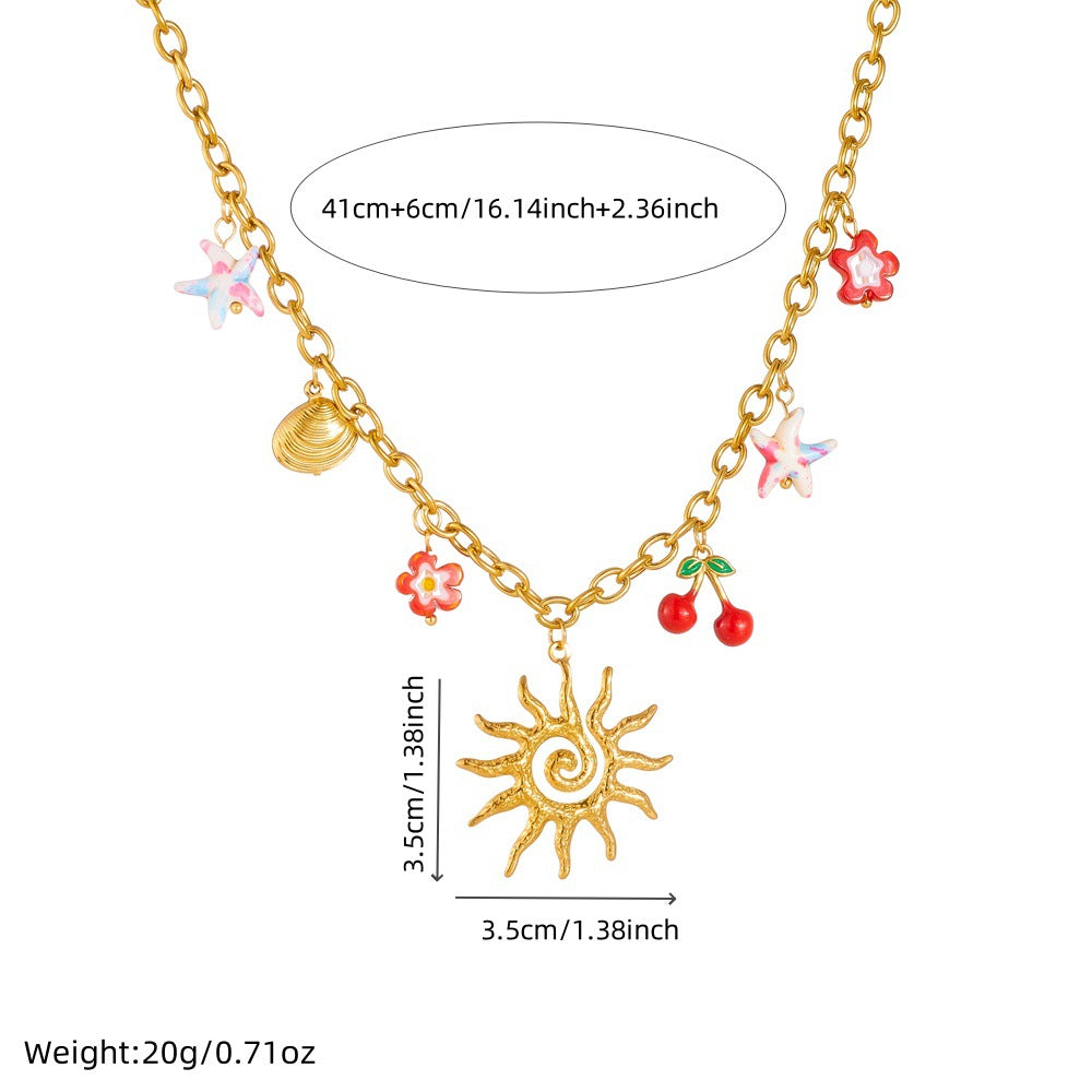 Gold Plated Drip Oil Floral Star Fruit Stainless Steel Cable Chain Necklace for Women