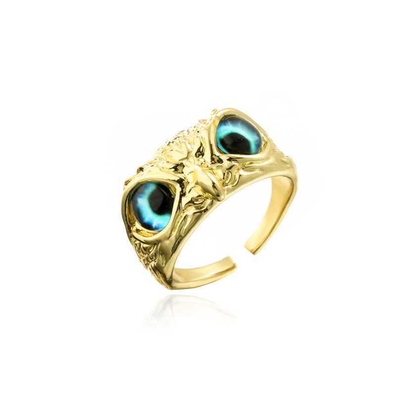 Vintage Bohemian 18K Gold Plated Brass Geometric Owl Ring for Women
