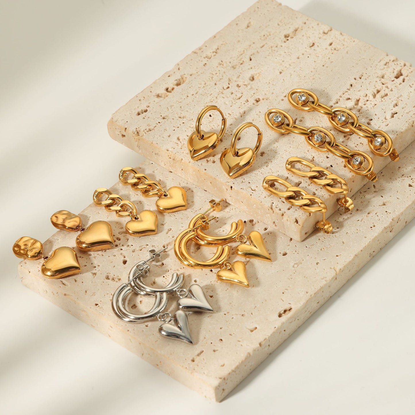Ins Style Heart Shaped 18K Gold Plated Titanium Steel Statement Earrings with Geometric and Irregular Circle Design