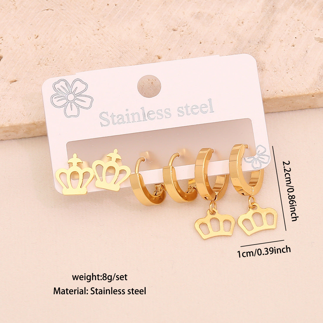 Set di orecchini alla moda in acciaio inossidabile placcato con cuore, farfalla, corona e motivi floreali, stile OL