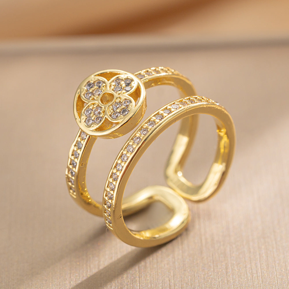 Luxury Minimalist Adjustable Open Ring for Women with Gold-Plated Copper Band and Zircon Stone Accent in Heart and Floral Shape