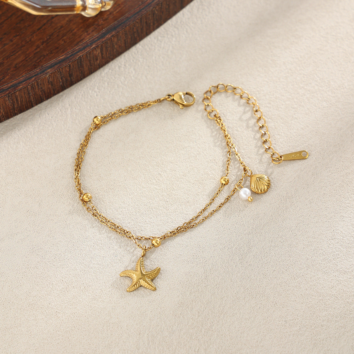 18K Gold Plated Stainless Steel Starfish Shell Pearl Anklet for Women Beach Vacation