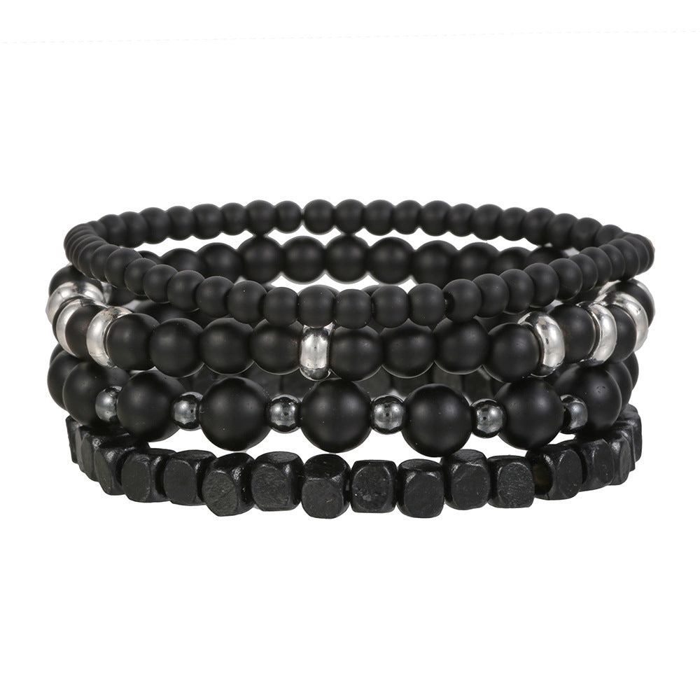 Matte Black Wood Hematite and Agate Beaded Stretch Bracelet Geometric Round Unisex